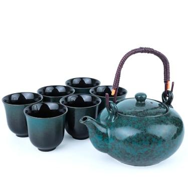 Imagem de Conjunto de chá japonês, conjuntos de chá de porcelana estilo japonês para adultos, 1 bule de chá de cerâmica com cabo de bambu e 1 infusor de chá de aço inoxidável e 6 xícaras de chá (760 ml)