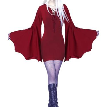 Imagem de YEAXLUD Vampire Womens Elvira Halloween Costumes Long Bat Wing Sleeves Morticia Addams Costume Wrap Gothic Witch Dress Evil Slutty Costume Adult Women Party Red Sexy Witchy Dress(Short Dress-Red-XL)