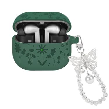 Imagem de CameCosy Capa protetora de silicone macio para Samsung Galaxy Buds 3/Galaxy Buds 3 Pro com chaveiro de borboleta, design gravado em flor, compatível com Galaxy Buds 3/Buds 3 Pro-Pine Green