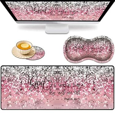 Imagem de Mouse pad grande para jogos + almofada de suporte de pulso + porta-copos de café, versículos bíblicos Salmo 46: 5 tapete de mesa dobrável com borda costurada, almofada antiderrapante adequada para trabalho de escritório e casa