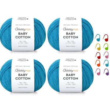 Imagem de HobbyMia Fio de algodão para bebês para crochê - 50 g / 180 m - (2) fio fino, esportivo - fio Amigurumi para linha de crochê - 60% algodão e 40% acrílico e 10 pontos (azul sochi, 4 bolas)