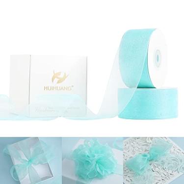 Imagem de HUIHUANG Fita transparente de organza azul aqua 3,8 cm fitas de organza transparente turquesa para embrulho de presente buquê floral laços artesanato Natal chá de bebê decoração de casamento, 2 rolos
