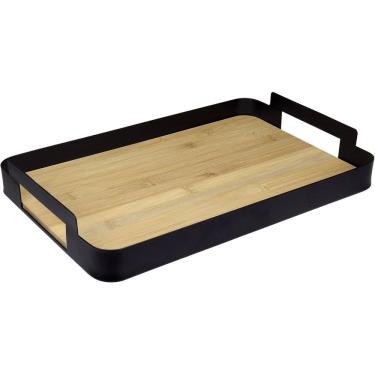 Imagem de BANDEJA DECORATIVA PARA SERVIR HOME&CO FUNDO EM MADEIRA METAL 6x35x35cm PRETO