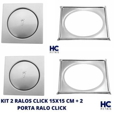 Imagem de Kit 2 Ralo Click Inteligente Inox 15x15 + 2 Suporte para Ralo Click Qu
