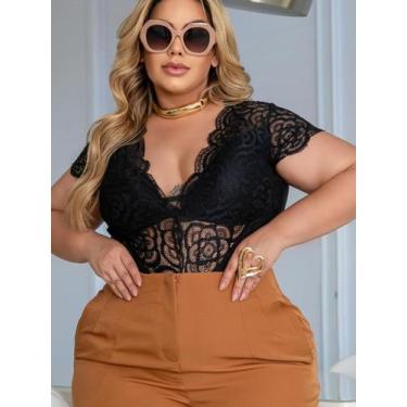 Imagem de Body plus size manga curta renda - Poderosa, Preto bojo preto