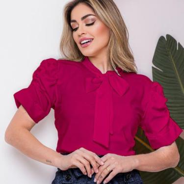 Imagem de Blusa Feminina Social Manga Curta Bufante com Lacinho - G-Store, M, Bo