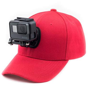 Imagem de DigiCharge Boné de beisebol vermelho com suporte de câmera de ação – compatível com GoPro Lit Hero 13 12 11 10 Max2, DJI Osmo Action, Akaso e mais – Chapéu de filmagem mãos livres para esportes