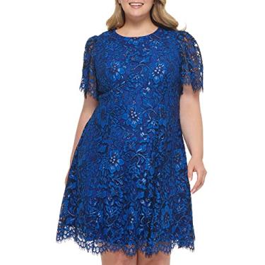 Imagem de Jessica Howard Vestido midi de renda com mangas esvoaçantes e gola canoa, Royal, 25 Plus Size