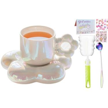 Imagem de seelucky Caneca de café de cerâmica pérola com conjunto de porta-copos de girassol para chá com leite latte xícara fofa com pires para presente feminino de escritório em casa 185 g (flor bege, 250 ml)