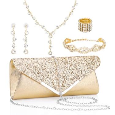 Imagem de Soleebee Conjunto de 5 peças de joias de strass para mulheres, colar de strass, pulseira, brincos, bolsa de embreagem brilhante, conjunto de joias para noivas, formatura e noite, One Size, Poliéster