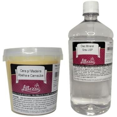 Imagem de Kit Cera Para Madeira de Abelha com Carnaúba 350g + Óleo Mineral Grau USP 1000ml Para Tábua de Carne, Tábua de Corte, Móveis, Gamelas, Utensílios de Madeira, Atóxico, Brilho e Proteção - Altezza