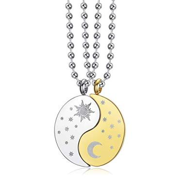 Imagem de Blowin Conjunto de 2 colares com pingente de quebra-cabeça Yin Yang de aço inoxidável para casais, sol e lua, combinando para ele e ela, melhores amigos, joias de amizade, Aço inoxidável, Zircônia