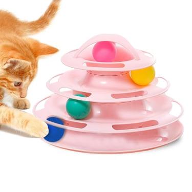 Imagem de Vila Torre para gatos de 4 níveis, pista interativa de vários níveis, brinquedo para gatos internos com 4 bolas multicoloridas Chase, rosa, 1 conjunto por pacote