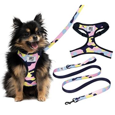 Imagem de Juicy Couture Conjunto de arnês e trela colorida camuflada para cães – Peitoral ajustável para filhotes com coleira para filhotes e arnês para cães com enchimento de malha, PP