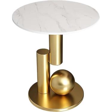 Imagem de Mesa de centro redonda dourada, mesa de canto de estilo moderno, mesa de cabeceira de mármore, moldura de metal para espaço pequeno, sala de estar, quarto, branca, 50,8 cm