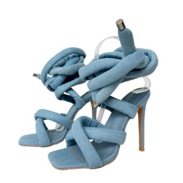 Imagem de Frankie Hsu Sandália feminina de luxo com cadarço na perna no tornozelo, corrente de elos dourados, tiras de PVC transparente, bico redondo, salto alto, Azul-claro, 41