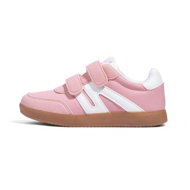 Imagem de LUCKY STEP Tênis infantil clássico retrô com sola de chiclete da moda, tênis escolar, tênis de skate para meninas e meninos, com gancho e laço, calçados infantis casuais antiderrapantes, Rosa/branco,
