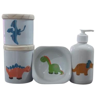 Imagem de Kit higiene bebê Dinossauro 4 peças - potes, porta álcool e molhadeira - Peças Porcelana Tampas Pinus