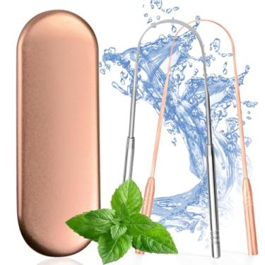 Imagem de Raspador de Língua 100% Aço Inoxidável Cobre Puro (2 Unidades), Com Estojo de Viagem, Reduz Mau Hálito, Fácil de Usar, Higiene Oral e Limpeza da Língua