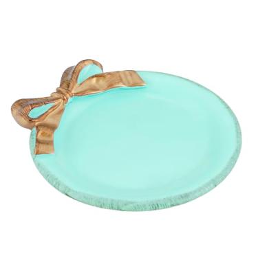 Imagem de IBWell Bandeja de joias de 10 cm para decoração de casa, prato vintage de resina com nó de laço para quarto, bandeja de armazenamento redonda para banheiro, penteadeira, azul, para anéis, pulseiras,