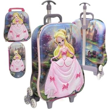 Imagem de Mochila Escolar Infantil 3D Princesa, Kit com 3 Peças, 3 Rodinhas, Rosa