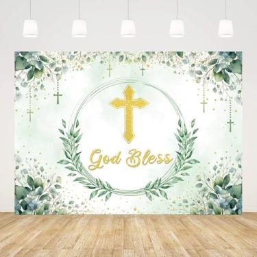 Imagem de AIBIIN Pano de fundo de 2,1 x 1,5 m God Bless Batismo Primeira Comunhão Batizado Fotografia Fundo Verde Folhas Douradas Bolinhas de Chá de Bebê Decorações de Festa Banner Foto Studio Adereços