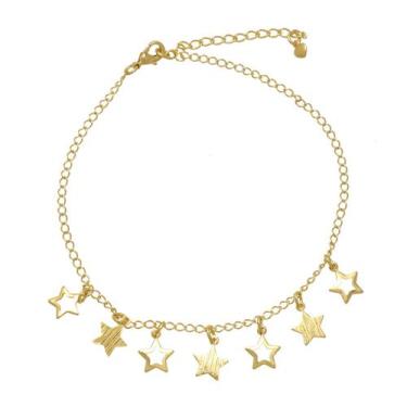 Imagem de Tornozeleira com Pingentes de Estrelas Cheias e Vazadas Folheada em Ou