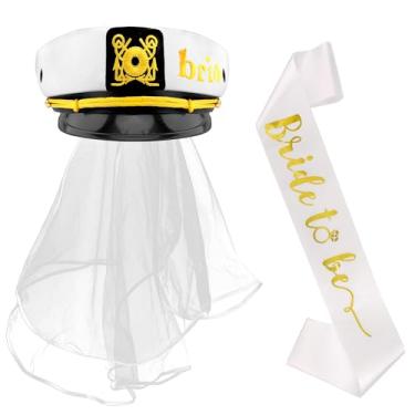 Imagem de CUBACO Bride to Be Sash Bride Hat with Veil for Women Captain Hat for Bachelorette Party White Sailor Hat Wedding Nautical Party Favor Bucket Hat Yacht Captains Bridal Shower Decorations