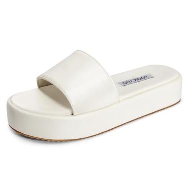 Imagem de Lookyno Sandálias femininas plataforma confortáveis brancas mules grossas sem cadarço plataforma de dedo aberto para mulheres, sapatos planos casuais de verão, Branco, 34