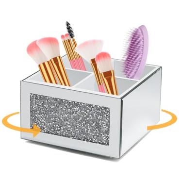 Imagem de NOVIIML s Mirror Makeup Brush Holder Organizer, 3 Slot Crystal Cosmetic Brush Storage for Vanity Dresser, Bling Remote Control Holder, Crushed Diamond Home Decor, Pen Holder for Desk (Silver)