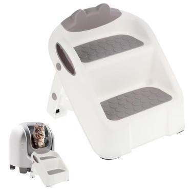 Imagem de Rampa para gatos para caixa de areia, rampa de plástico branco para gatos adequada para caixa de areia automática, degraus de camada dupla com pés de borracha antiderrapante, degrau para gatos