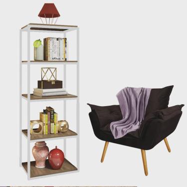Imagem de Kit Poltrona Fatte com Manta Soft Lilás e Estante Livreiro Ferro Branco mdf Freijó Suede Marrom - Ahazzo Móveis