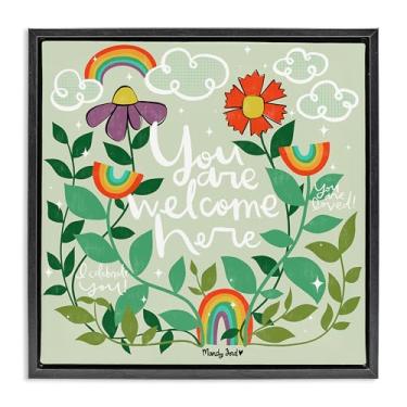 Imagem de Stupell Industries Arte de parede em tela flutuante emoldurada com frases "Welcome Here Comforting Welcome Her", design de Mandy Ford Art + Ilustração, 63 x 63 cm