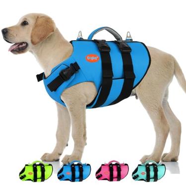 Imagem de Doglay Colete salva-vidas para cães de alta flutuabilidade e alta visibilidade para passeios de barco e natação, colete flutuante ajustável de neoprene amigável para animais de estimação salva-vidas