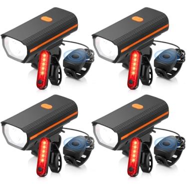 Imagem de Hanaive Conjunto de 4 conjuntos de luzes LED brilhantes para bicicleta, recarregável por USB, farol dianteiro, lanterna traseira à prova d'água, acessórios de ciclismo para homens e mulheres