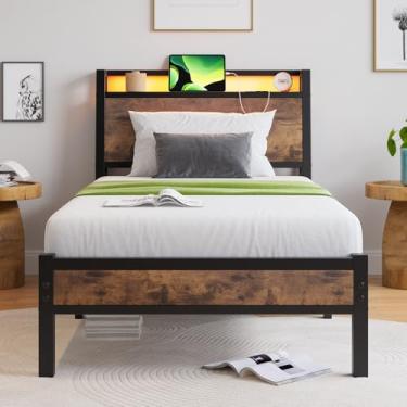 Imagem de ZGEHCO Estruturas de cama de solteiro com cabeceira de armazenamento ergonômica, estrutura de cama de plataforma de metal com estação de carregamento, moldura de cama de LED tamanho solteiro sem