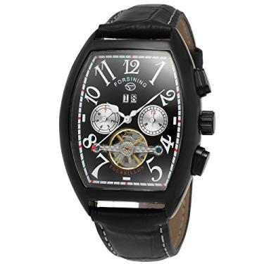 Imagem de Forsining Relógio masculino automático retangular com calendário e pulseira de couro genuíno Tourbillon, Preto, Corda automática