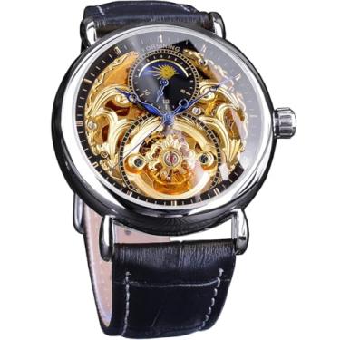 Imagem de FORSINING Relógio masculino de luxo com fase da lua e turbilhão, relógio de pulso mecânico oco de esqueleto retrô, cinto de couro, movimento automático, relógios masculinos, Prateado, preto, Mecânico