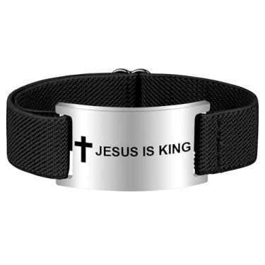 Imagem de Pmormyy Pulseira de cruz com versículo bíblico para mulheres e homens, pulseira ajustável de presente de Jesus é rei cristão WWJD, One Size, Aço inoxidável, Sem Pedra Preciosa