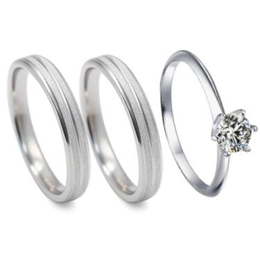 Imagem de Par Alianças Prata Namoro 4mm Brilhante + Anel Solitário 2mm Prata Ped