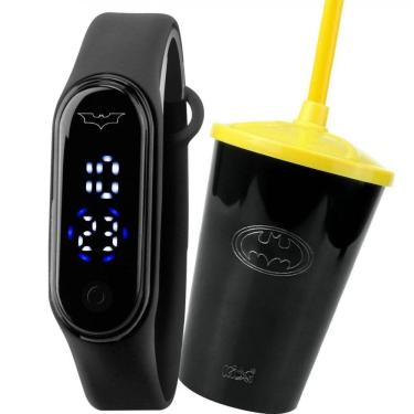 Imagem de Relogio Led Infantil Prova Dagua Preto + Digital + Copo Batman Silicone Adolescente Esp...
