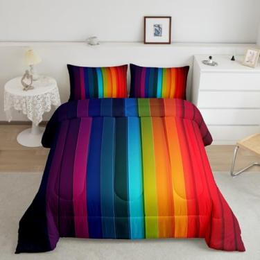 Imagem de Feelyou Conjunto de cama infantil com arco-íris, solteiro, listrado, colorido, orgulho, estético, abstrato, listrado, brilhante, desenho geométrico, arco-íris, decoração de quarto