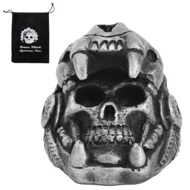 Imagem de Apito da morte asteca, design de crânio Quetzalcoatl 125+ decibéis mais altos autênticos sons humanos gritos de guerra gritos reais com bolsa de cordão presentes colecionáveis (prata)