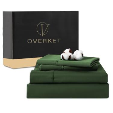 Imagem de Overket Jogo de lençóis de algodão egípcio de 1000 fios, tamanho Queen, 4 peças, trama de cetim, macio, respirável, bolso profundo de 40,6 cm (queen, verde floresta)