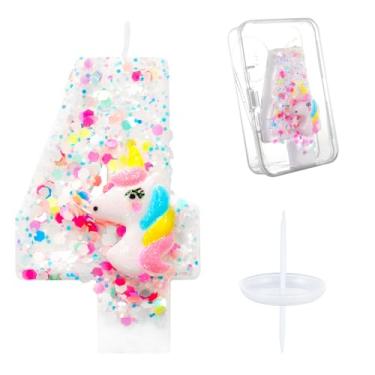 Imagem de Ceya Número 4 velas de aniversário, vela de unicórnio arco-íris para bolo, vela brilhante com glitter, topo de bolo de 8 cm, decorações de 4 anos para meninas, mulheres, reuniões, artigos de festa de