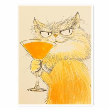 Imagem de Pôster engraçado de arte de parede de gato martini rabugento coquetel pôster com estampa de animais caprichosos para bar escolar carrinho cozinha apartamento lounge peculiar amante de gatos presente