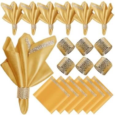 Imagem de Vijiv Pacote Com 12 Guardanapos De Pano E Anéis Guardanapo Dourados, Conjunto 6, 17 X 17, Acabamento Brilhante, Cetim, Coquetel, Lavável, Jantar Personalizado Para Festa Casamento, Decoração Feriado