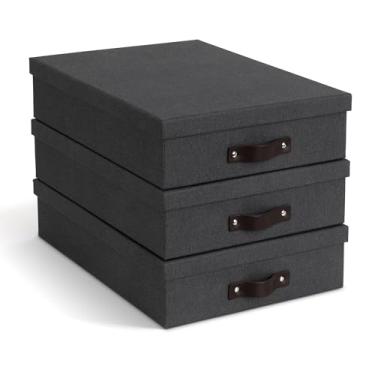 Imagem de Bigso Oskar Caixa de cartas para documentos de papelão de lona para papelada importante A4 ou tamanho carta - Caixa de lembrança durável com tampa e alça de couro - 8,4 cm x 26 cm x 35,1 cm - preta