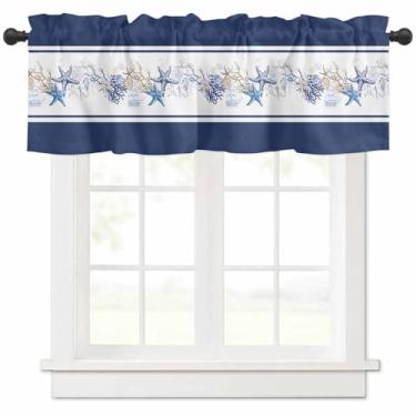 Imagem de Cortinas estampadas com isolamento térmico com bolso para varão - Cortinas estampadas com textura listrada de estrela do mar em azul marinho vintage para quarto e sala de estar, cortinas de camada de