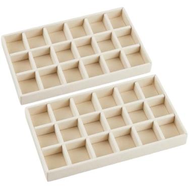 Imagem de SOFPLATE 2 peças, caixa de joias de 12 x 21 cm, bandeja de veludo, inserção de gaveta de joias, branco antigo, 18 grades, dividido, empilhável, colar, armazenamento, caixa, gaveta, estojo para